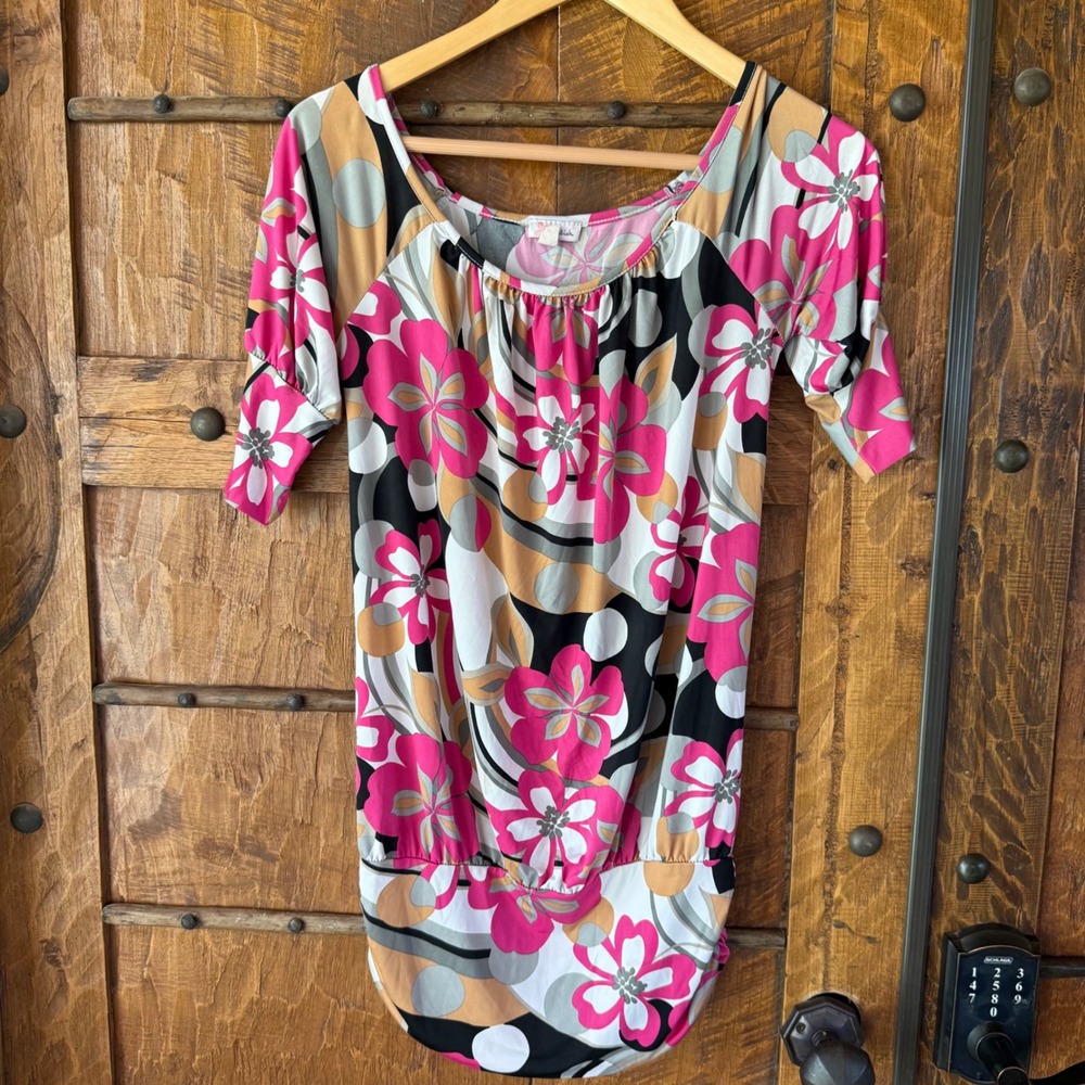 Y2K Lipstick Floral Tunic Top Womens Medium Whimsical Mod Bubble Hem Boho Blouse